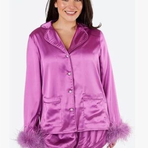 Buddy Love Satin Pajama Set with Feather Cuffs